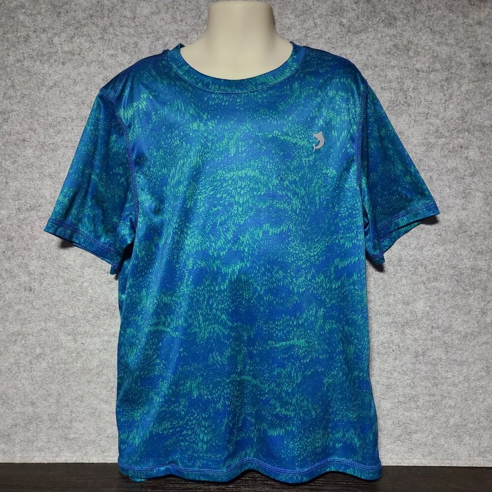 EUC Boys REEF Moisture Wicking Tee in Bright Aqua Blue Pattern Size M